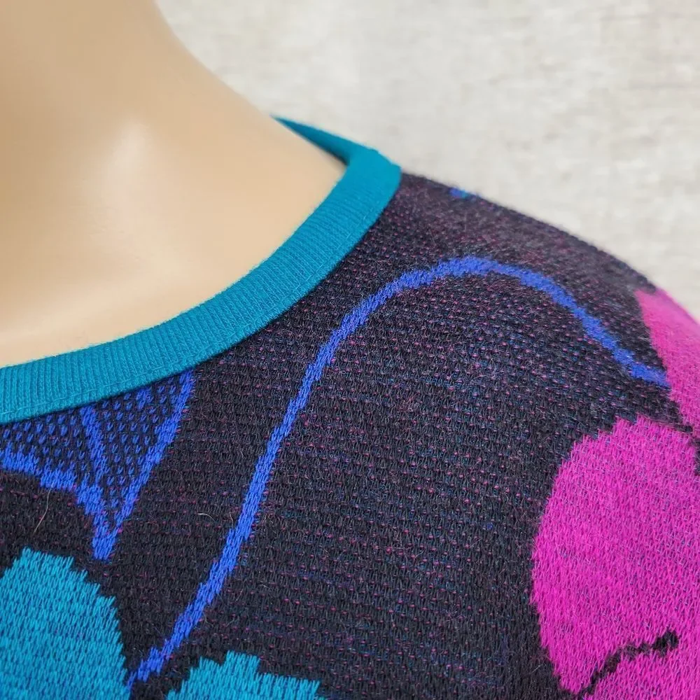 Cape Cod Vintage 80s Black Purple Teal  Floral Paisley Patterned Knit Sweater